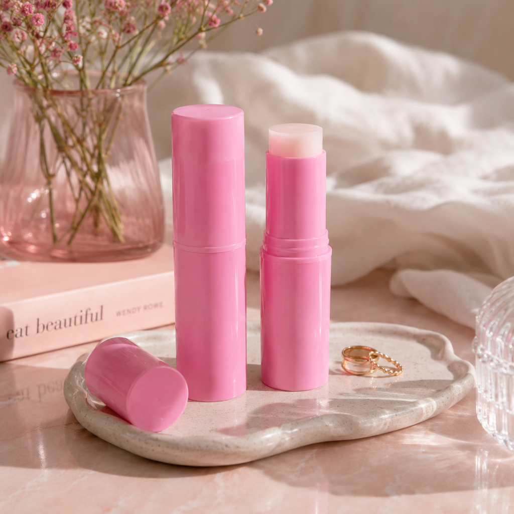 PlumpStick collagen balm stick with pink flowers, lifestyle shot