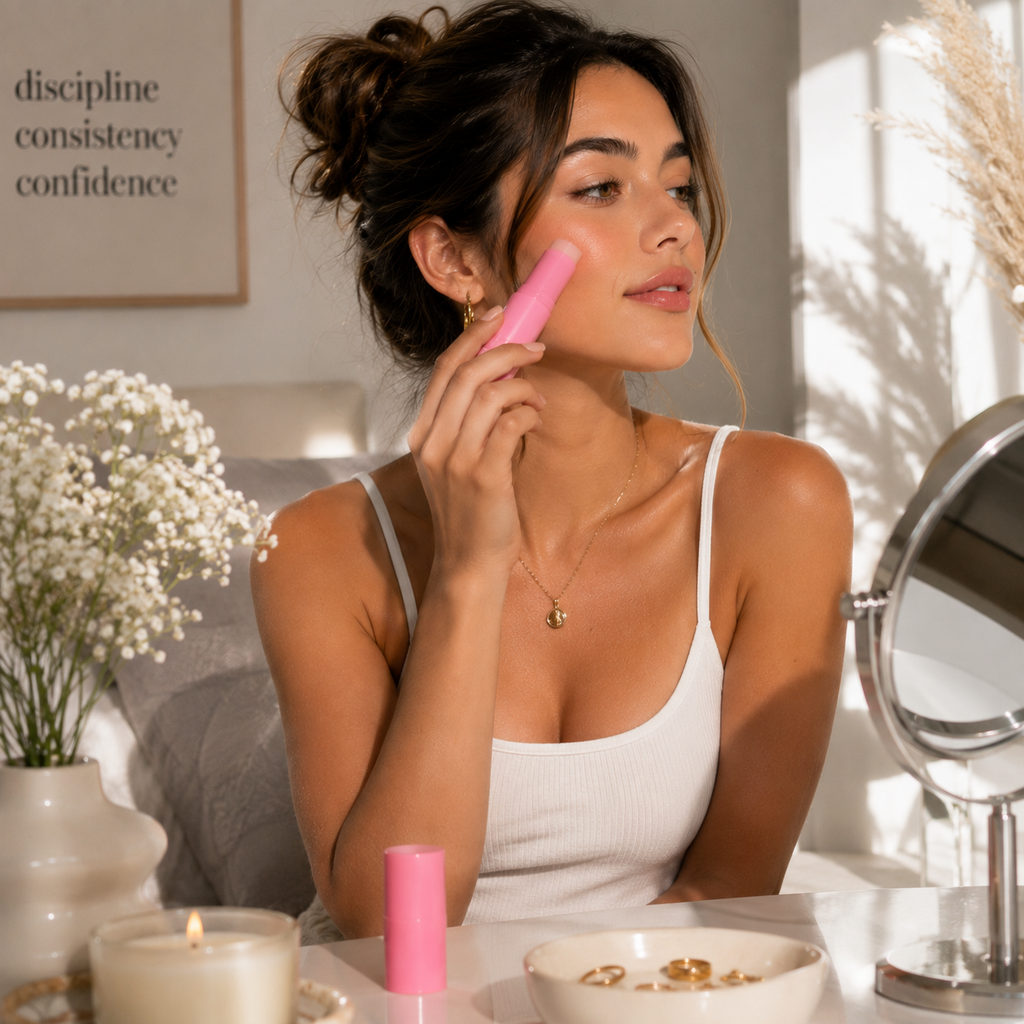 Close-up of PlumpStick pink collagen balm stick texture