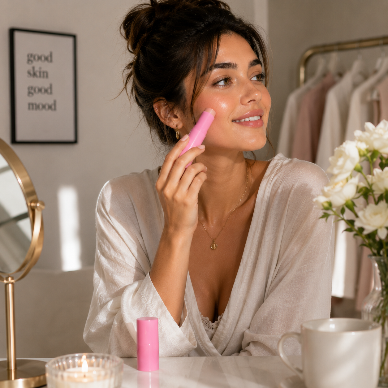 PlumpStick pink collagen balm stick held in hand, close up
