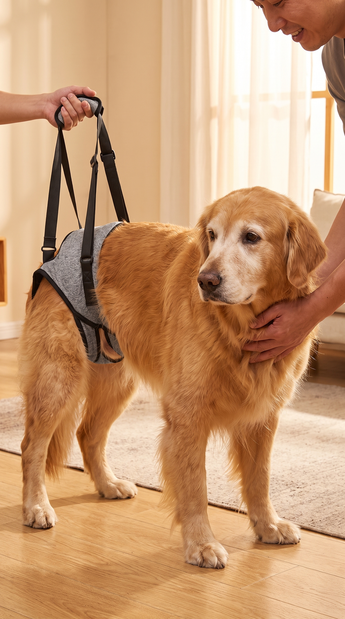 Owner gently lifting a senior dog with the padded handle of the support harness