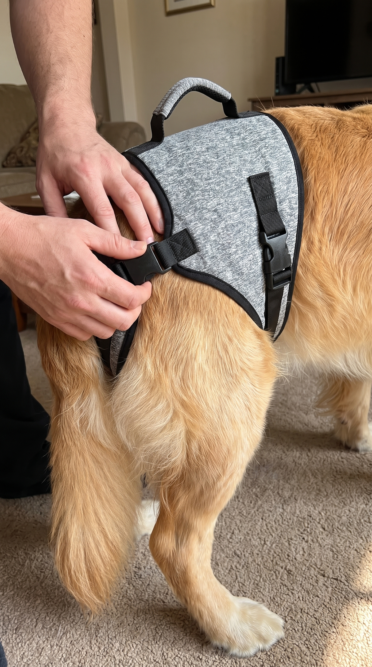 Owner fastening the padded rear-leg support harness on a dog