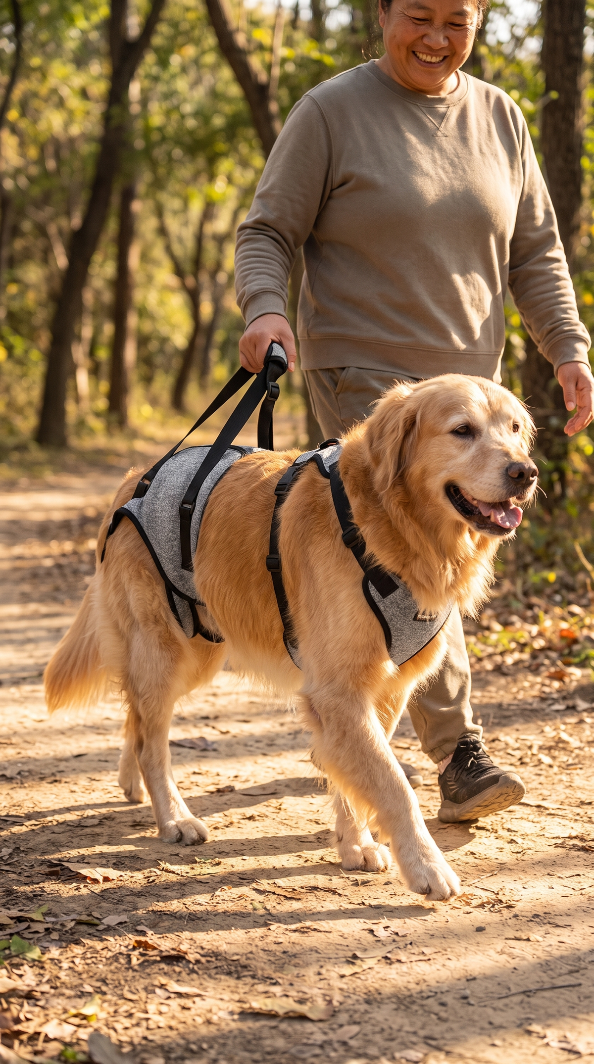 Senior dog walking outdoors wearing the rear-leg support harness