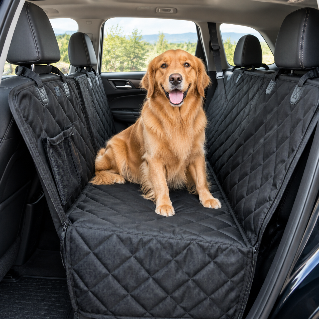 GripGuard dog car hammock installed across an SUV back seat with a happy dog