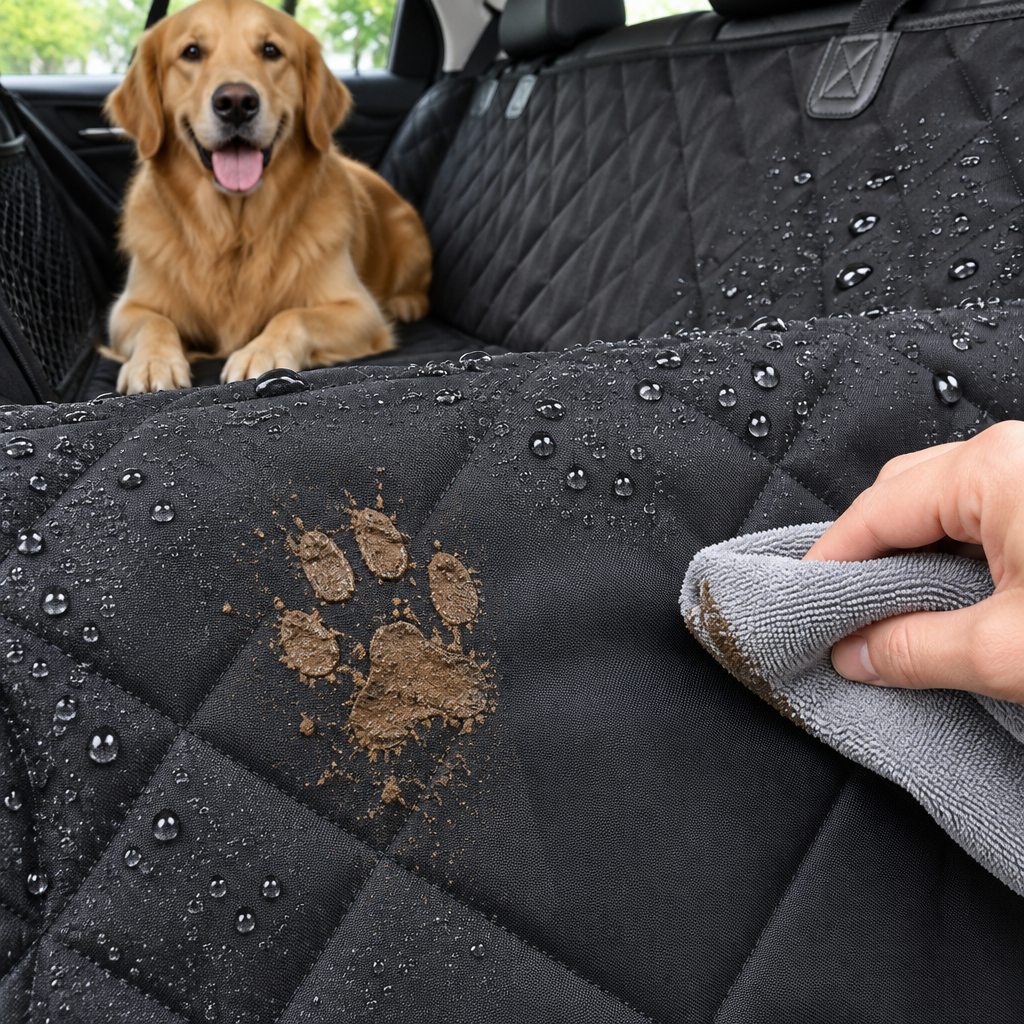 Waterproof wipe-clean fabric — water beads and a muddy paw print wiped away