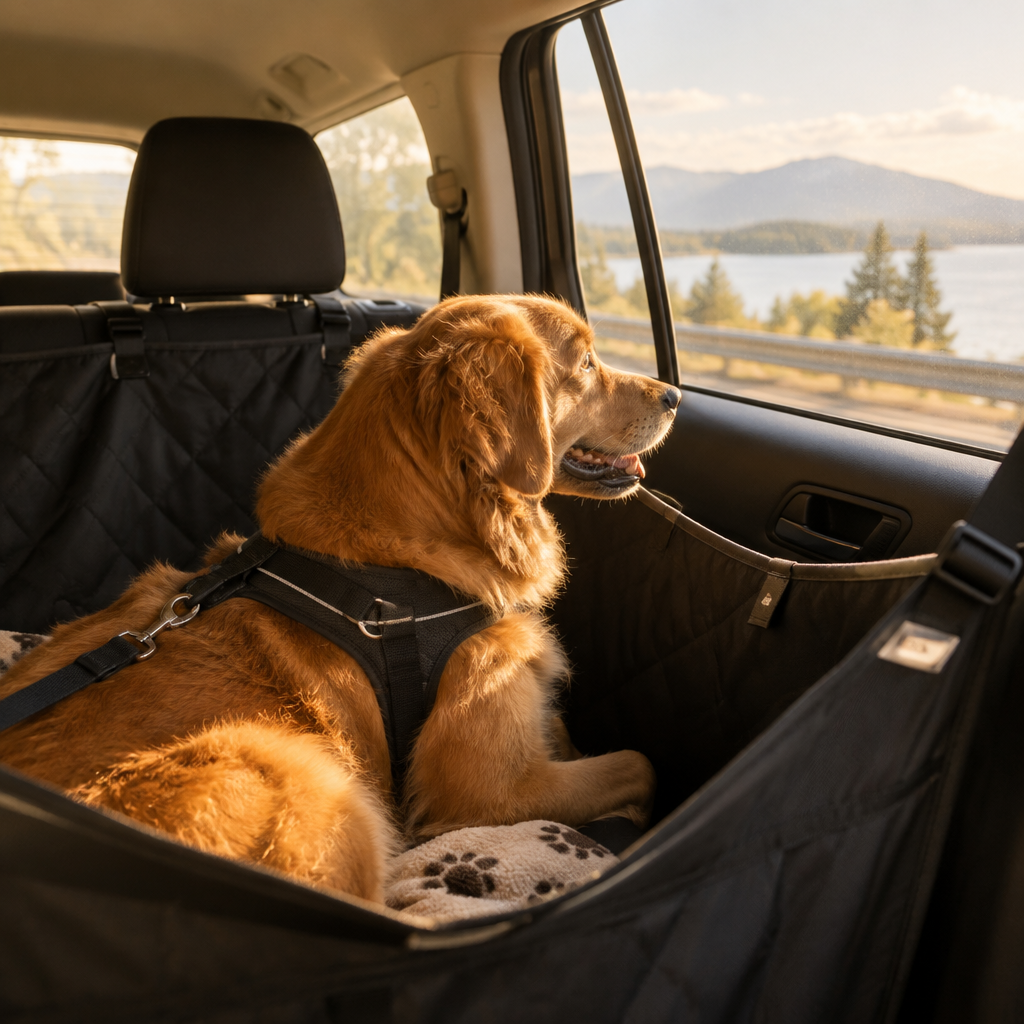 Dog resting comfortably on the hammock looking out the window on a road trip