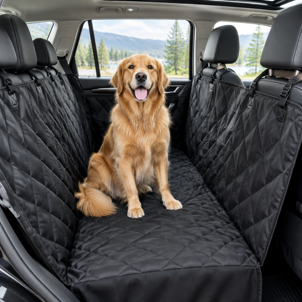 GripGuard black diamond-quilted no-slide dog car hammock installed across an SUV back seat with a happy golden retriever